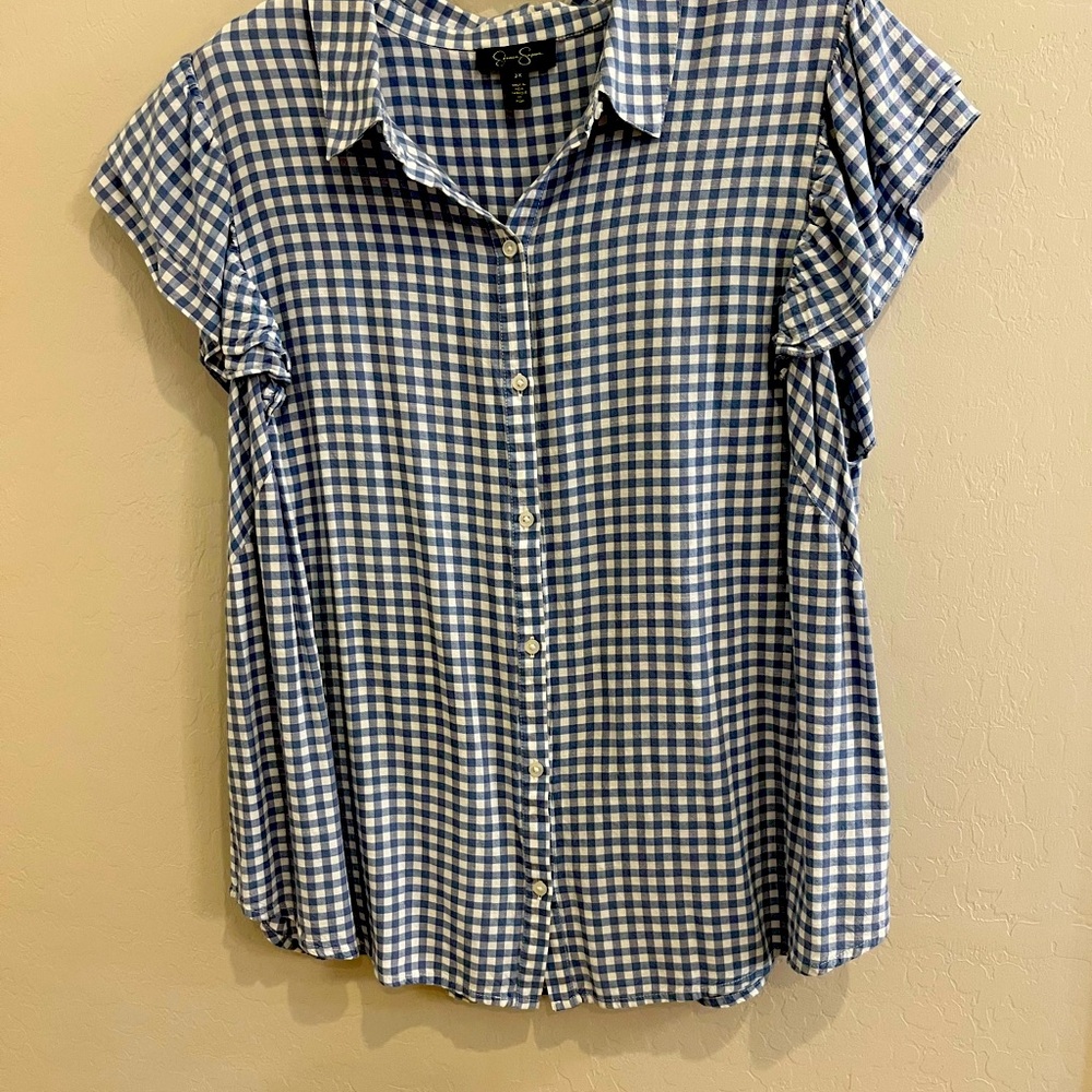 Jessica Simpson Gingham Baby Blue Button-Up Top with ruffled sleeves.